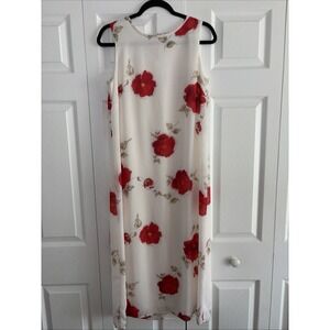 En Focus Petite Floral Maxi Dress Womens Size P Ivory Red Poppy Chiffon Y2K